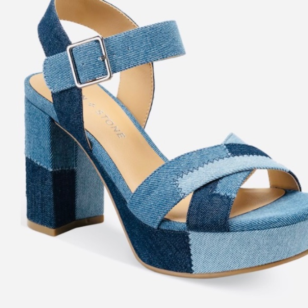 Sun + Stone Two-Tone Denim Patchwork Platform Sandals - Blue